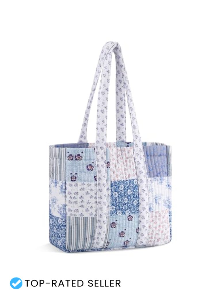Quilted Patchwork Cotton Tote Bag For Women Shoulder Handbag Commuting Beach